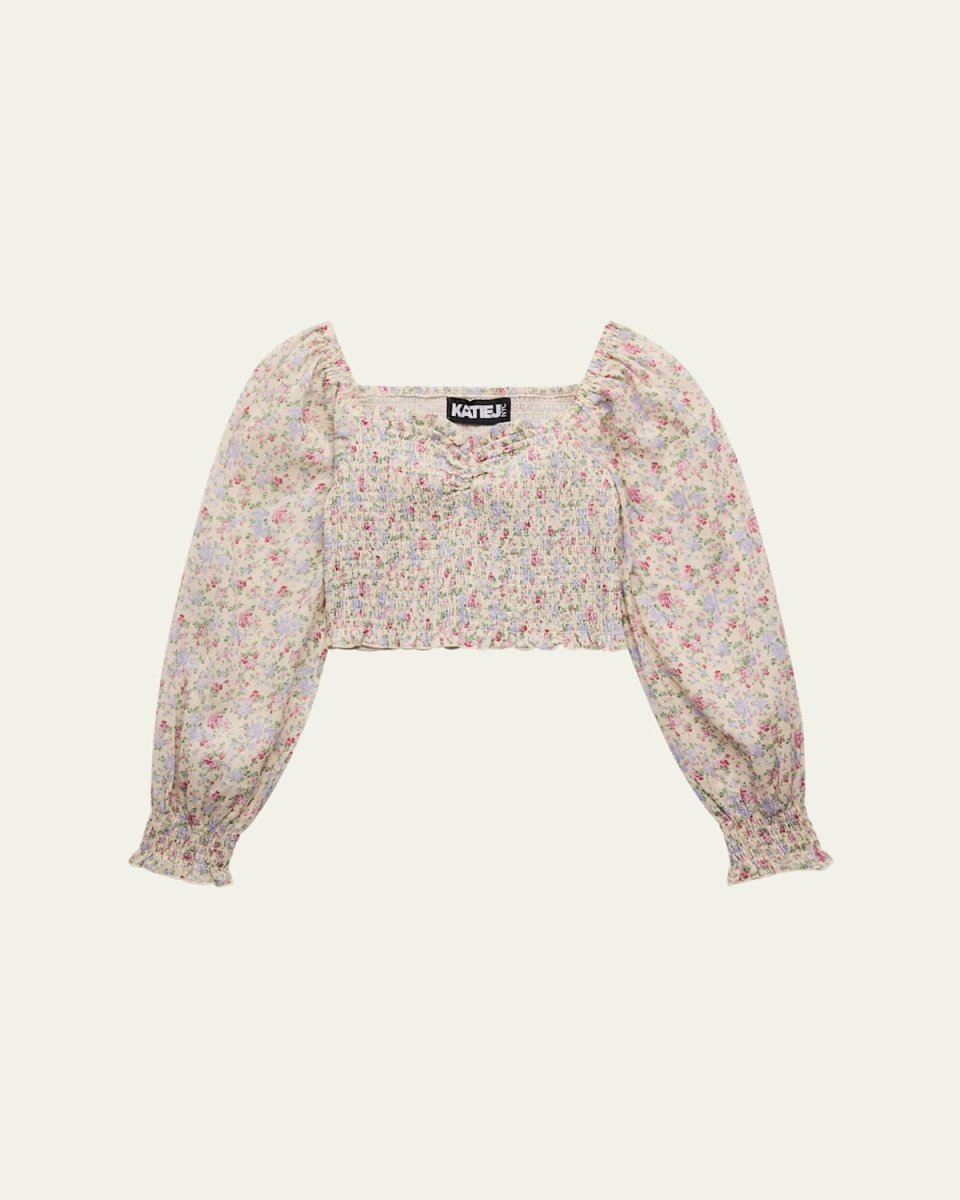 Girl's Floral-Print Smocked Top, Size S-X
